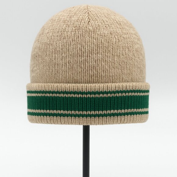 Vintage Knit Wool Beanie – Oatmeal & Green Stripe • WPL 7503 • Made in USA main image 8